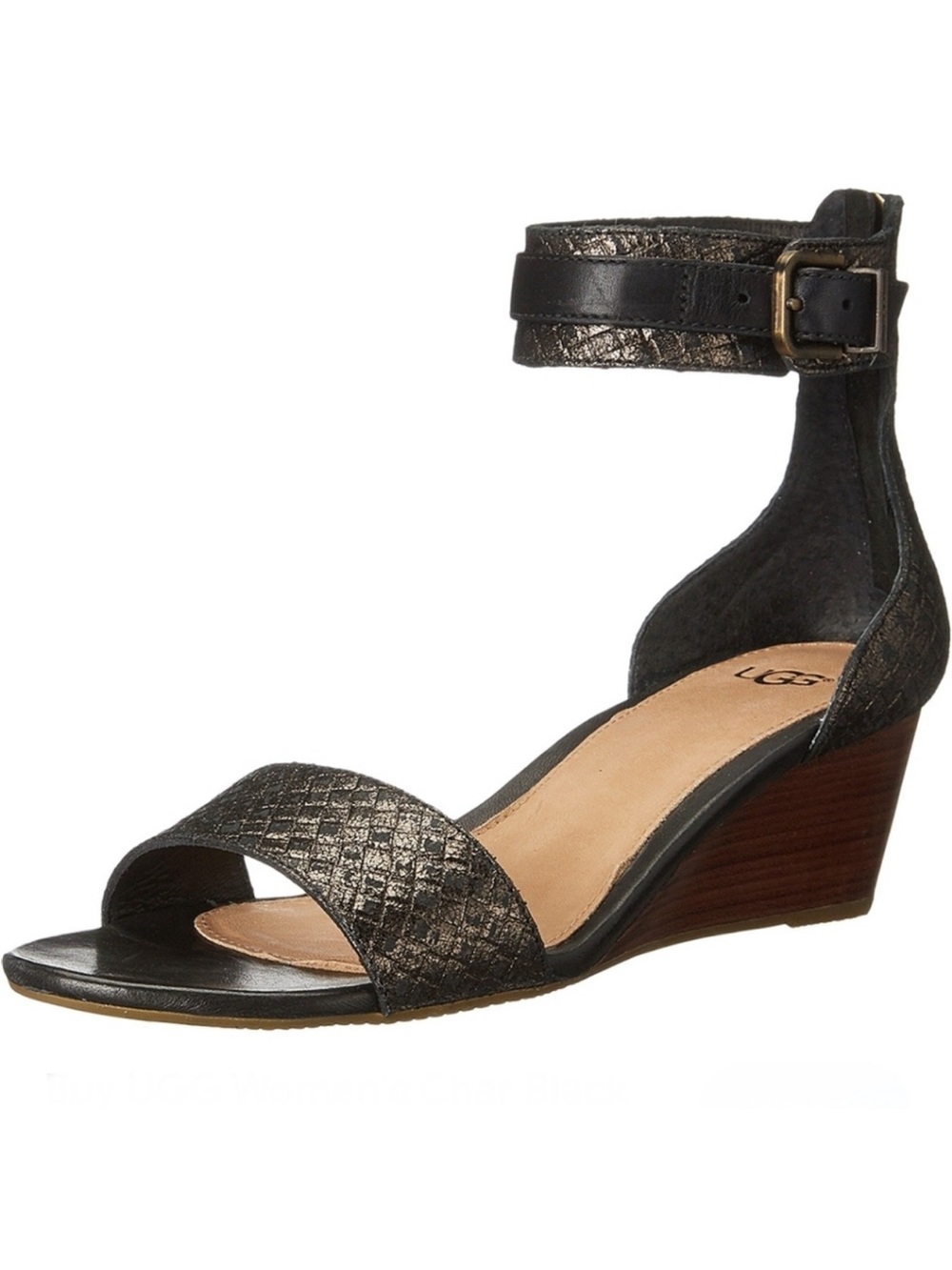 NWT & Box - UGG Char Black Shimmer Leather Wedge Ankle Strap Sandals, Sz 7